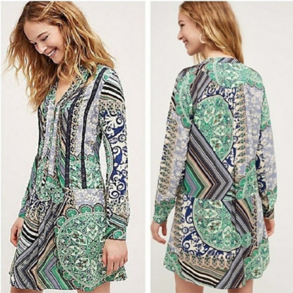 Anthropologie TINY Caviana Floral Lace Pintuck Pleated Blue/Green Shirt Dress